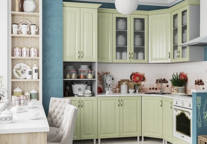 Кухня на заказ модульная Прованс пастельно-зелёный с голубым и цветочной стеновой панелью