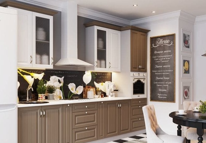 Кухня на заказ модульная Прованс светло-коричневый с белым с цветочной стеновой панелью