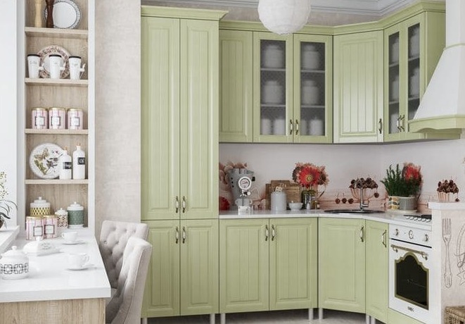 Кухня на заказ модульная Прованс пастельно-зелёный с белым и цветочной стеновой панелью